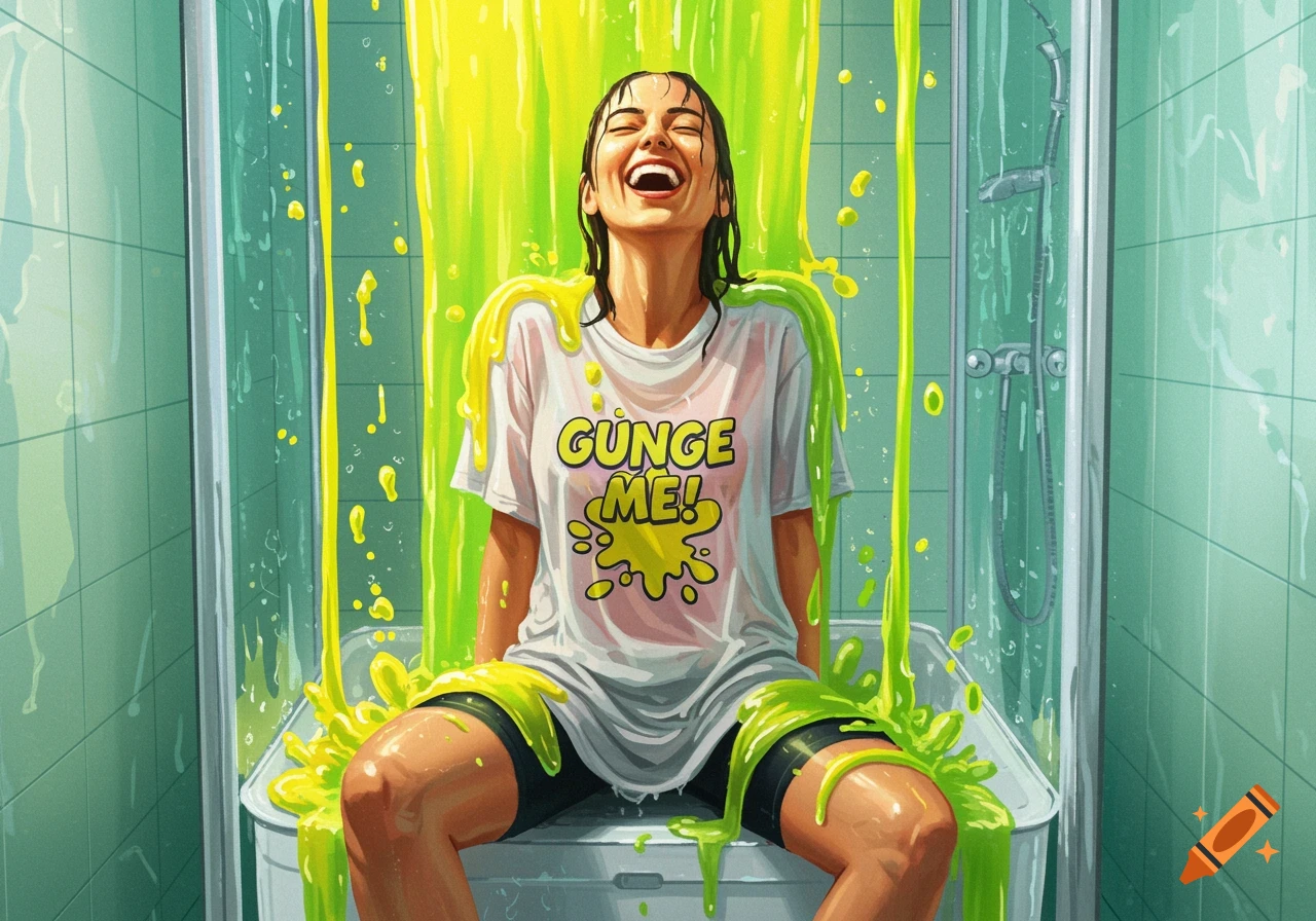 A woman laughs joyfully as she is drenched in bright green and yellow slime in a shower, wearing a white t-shirt that reads "GUNGE ME!" and black cycling shorts.