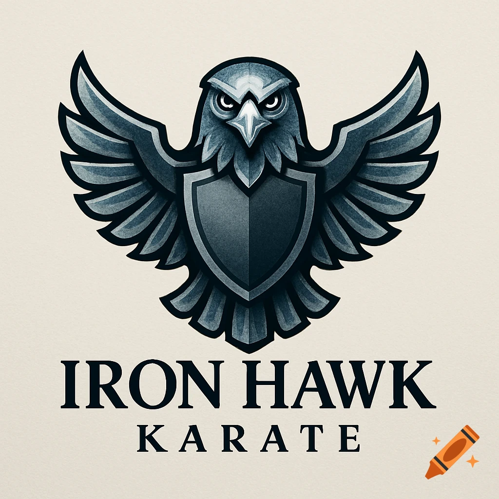 Stylized grey eagle with a shield logo and the text Iron Hawk Karate.