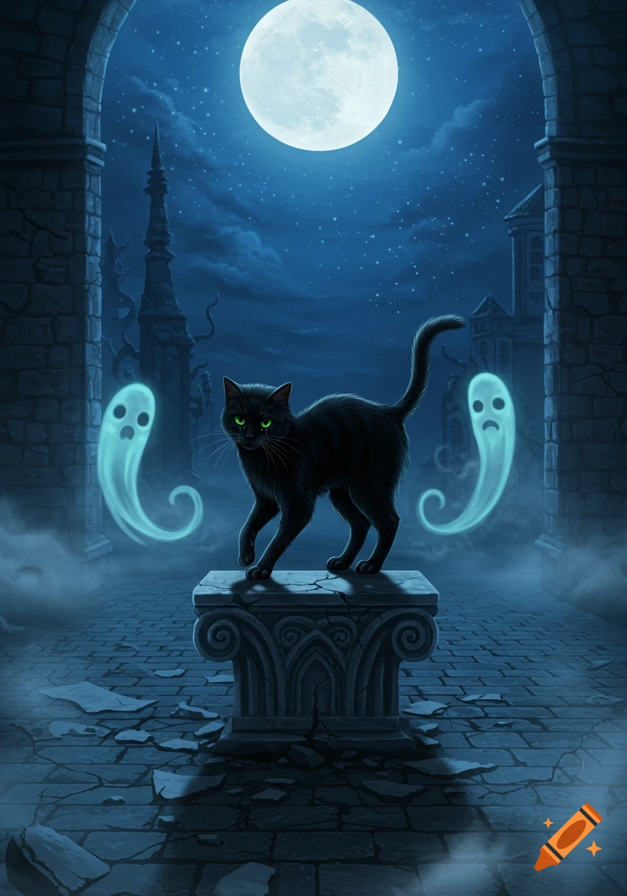 A black cat with green eyes stands on a stone pedestal under a full moon, flanked by two glowing ghosts in a gothic nighttime scene.