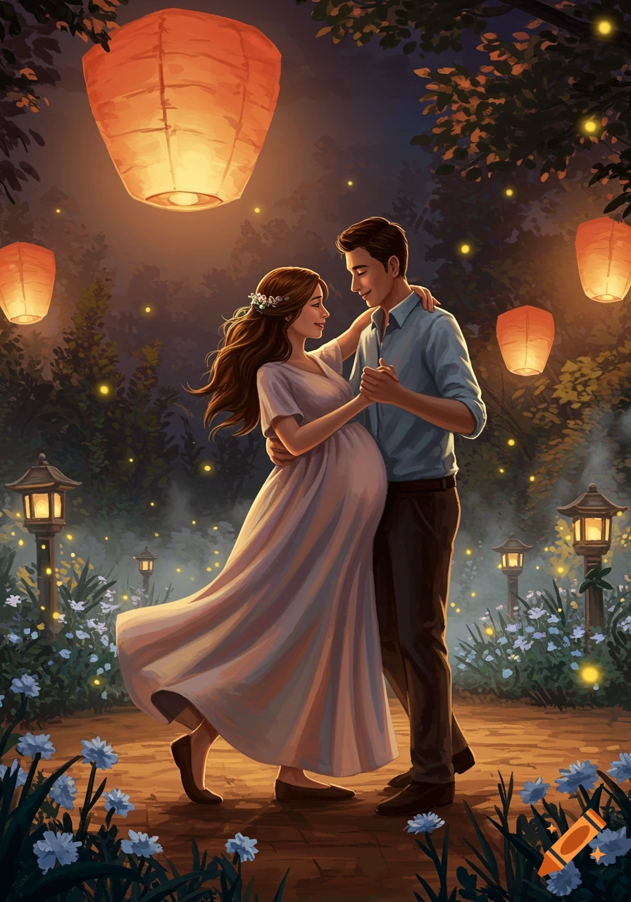 An illustrated pregnant couple dances under glowing lanterns and fireflies in a magical night garden.