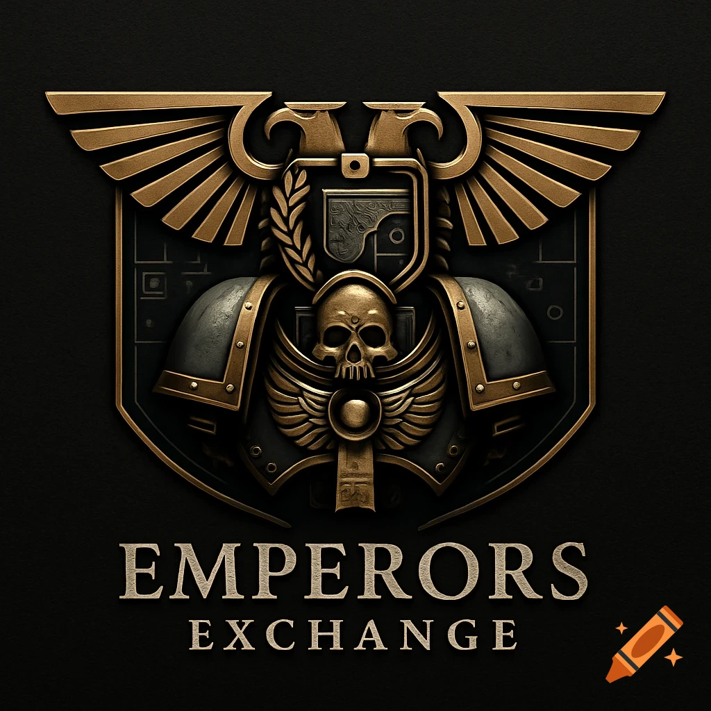 A golden and gray metallic logo featuring an imperial eagle, a skull with wings, and the words 'EMPERORS EXCHANGE' in a Warhammer style.