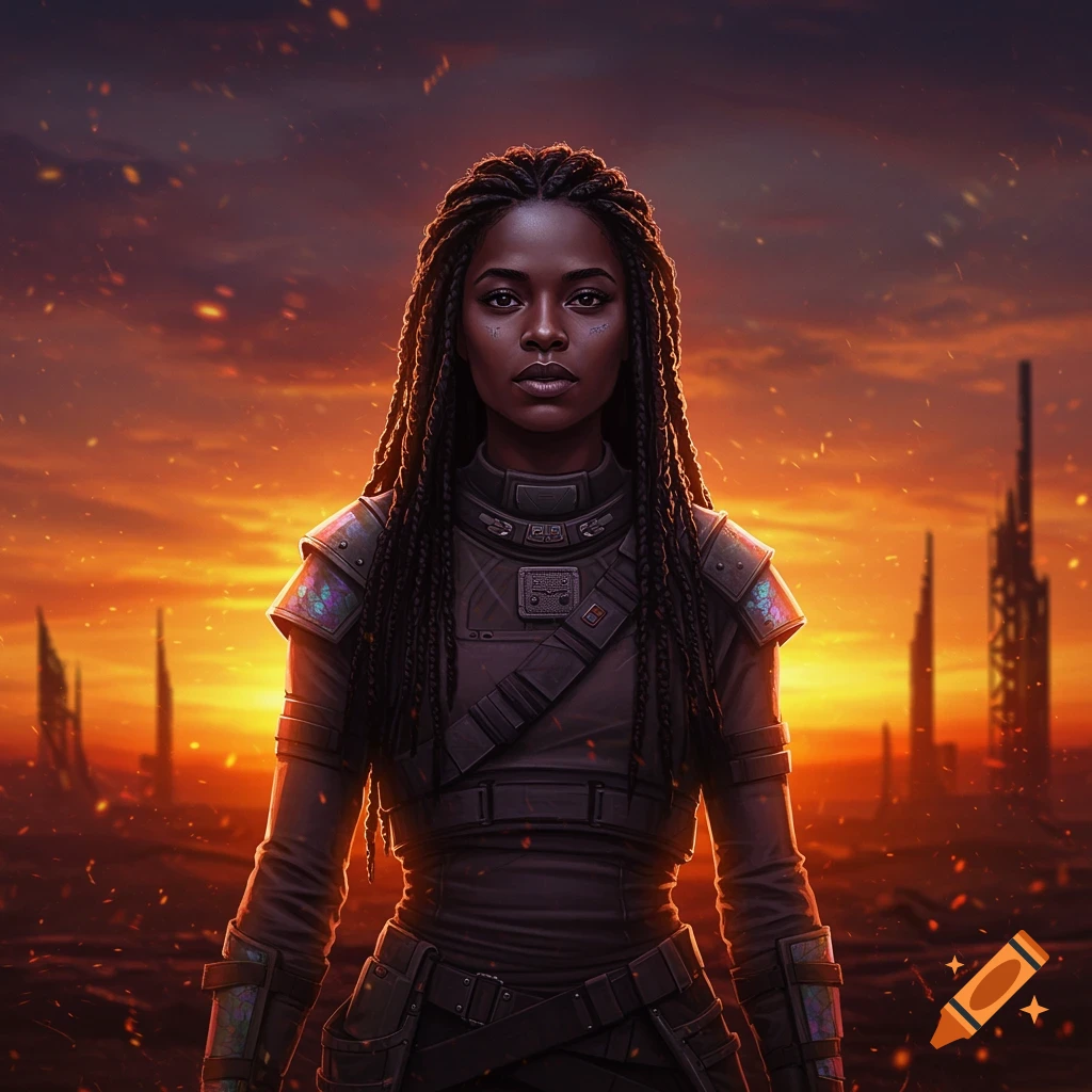 Digital art of a Black woman with long braids in dark, armored clothing, standing in a fiery dystopian landscape.