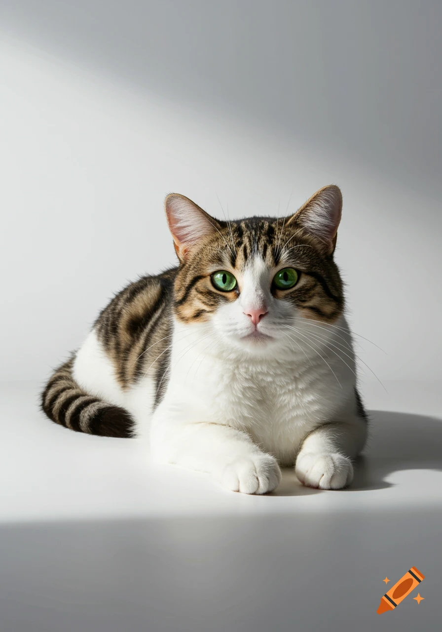 A photorealistic short-haired tabby cat with white fur and green eyes lies calmly on a white background.