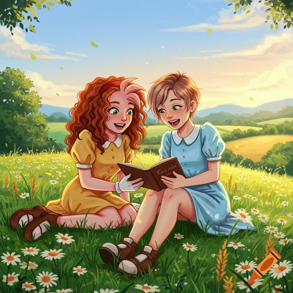 Two smiling girls with colorful hair sit in a sunny meadow of daisies, reading a book together.