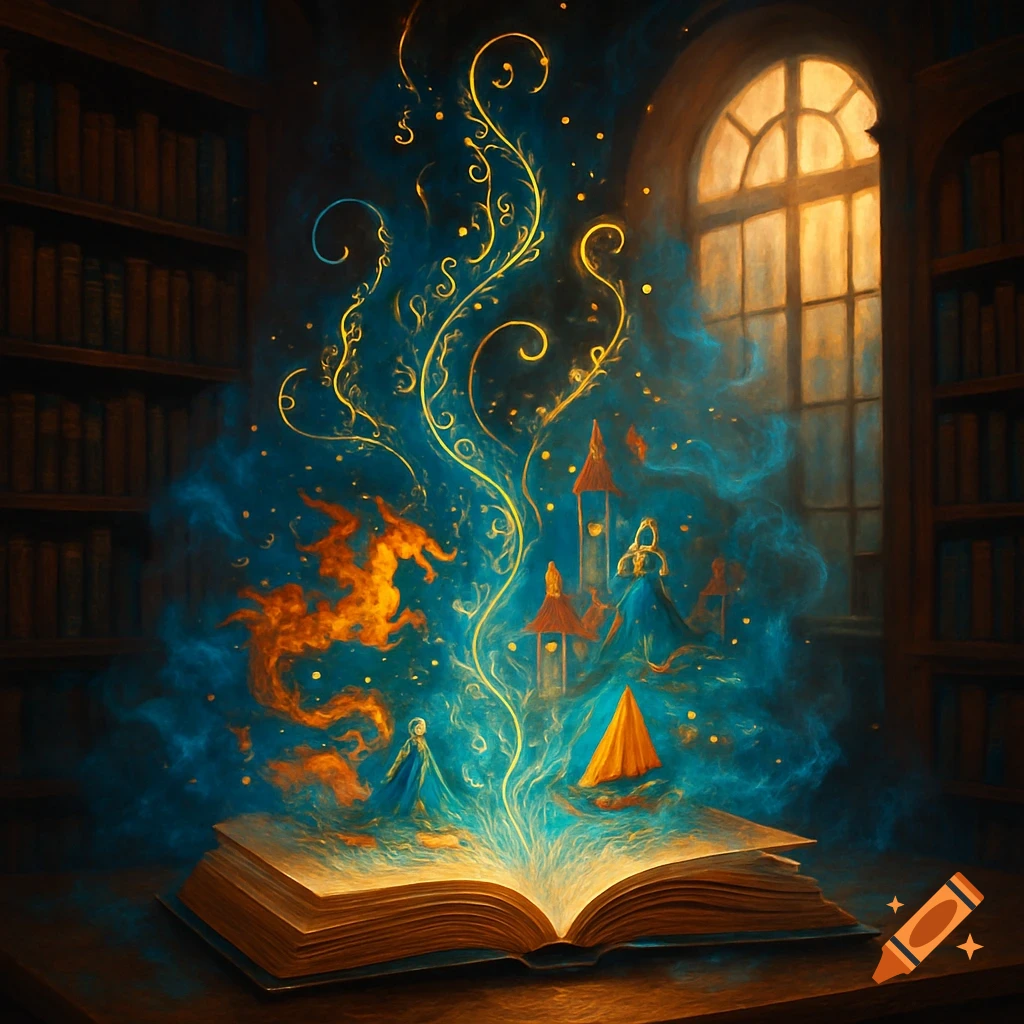 An open book on a desk in a library, glowing with magical blue and gold energy from which a dragon, castles, and figures emerge.