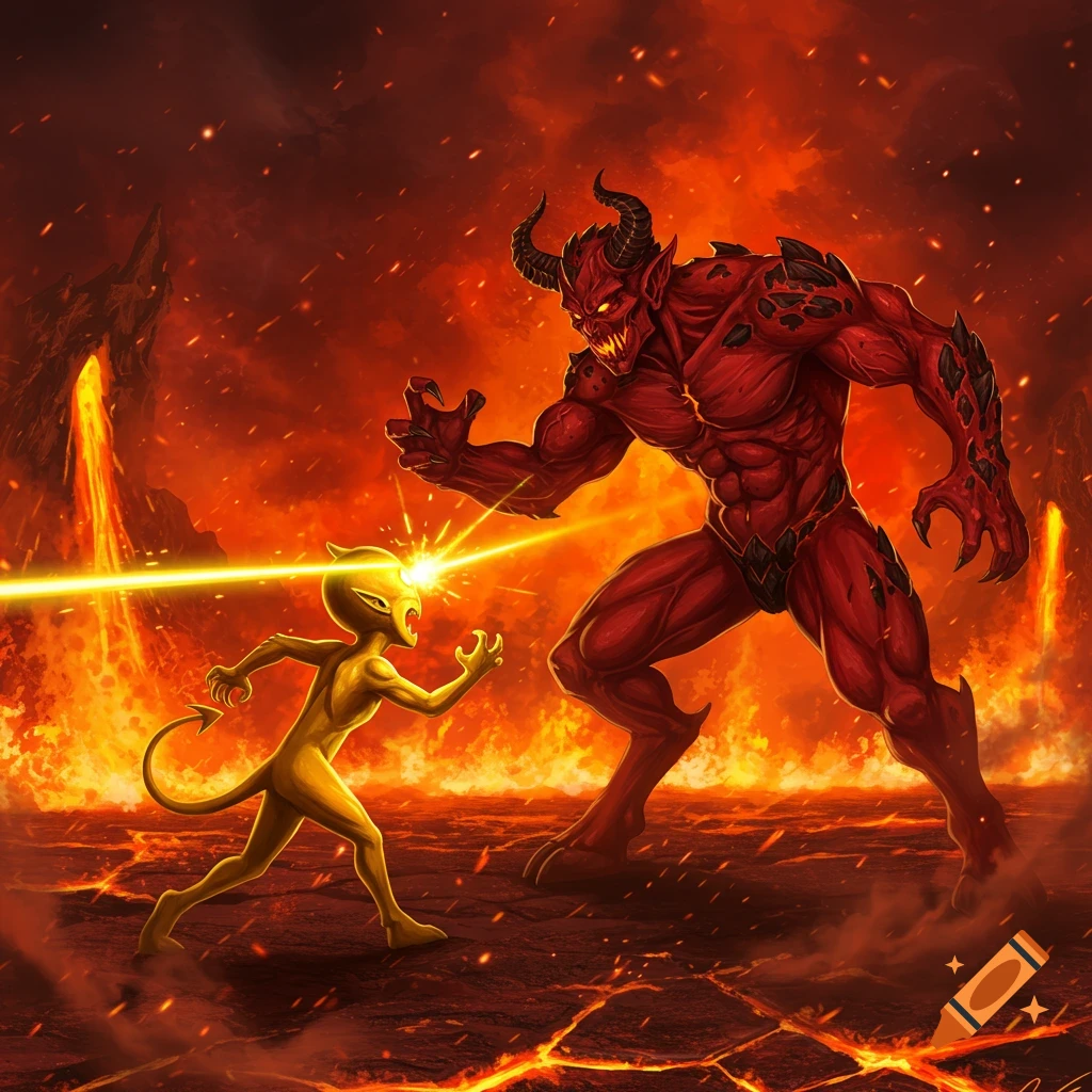 A smaller yellow demon shoots yellow eye lasers at a larger red demon in a fiery, hellish landscape, digital art.