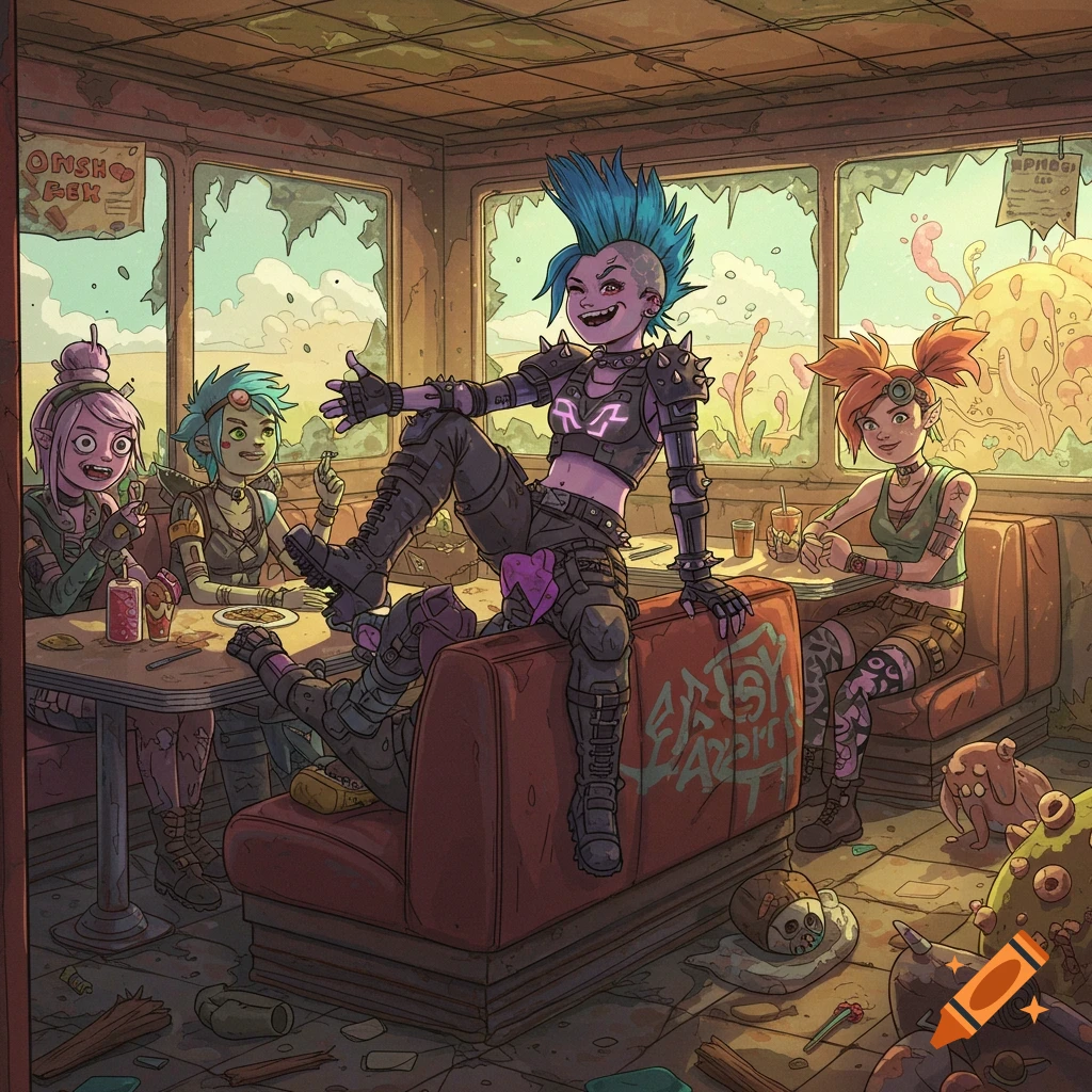 Four cartoonish raider girls in a derelict diner with a post-apocalyptic landscape outside, in the style of Adventure Time.