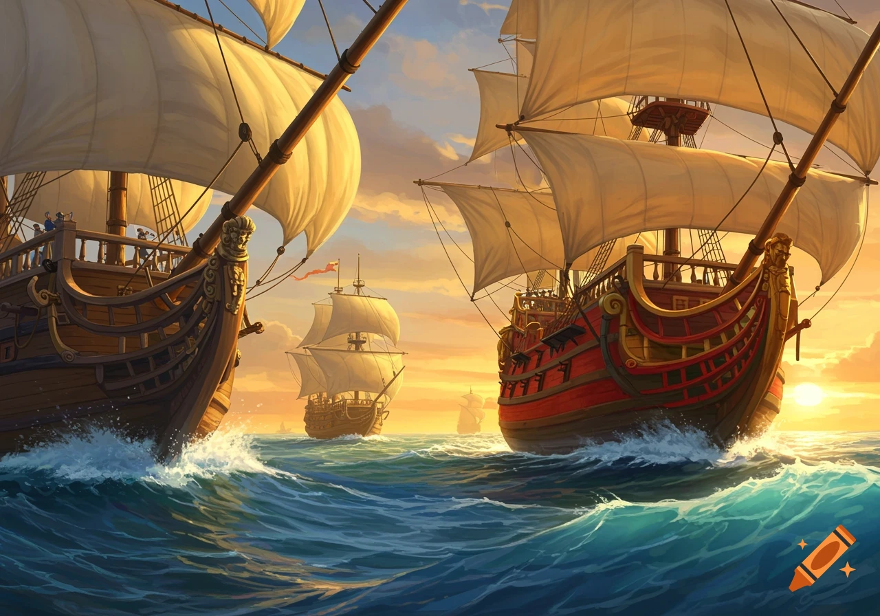 Two large sailing ships, one brown and one red, with white sails on a choppy blue ocean at sunset. Other ships are in the distance.