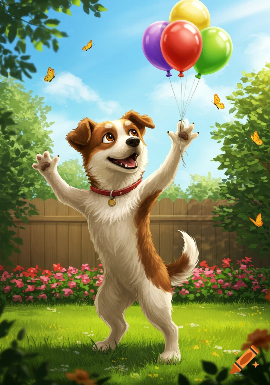 A joyful cartoon dog stands upright in a sunny garden, holding colorful balloons as butterflies fly around.
