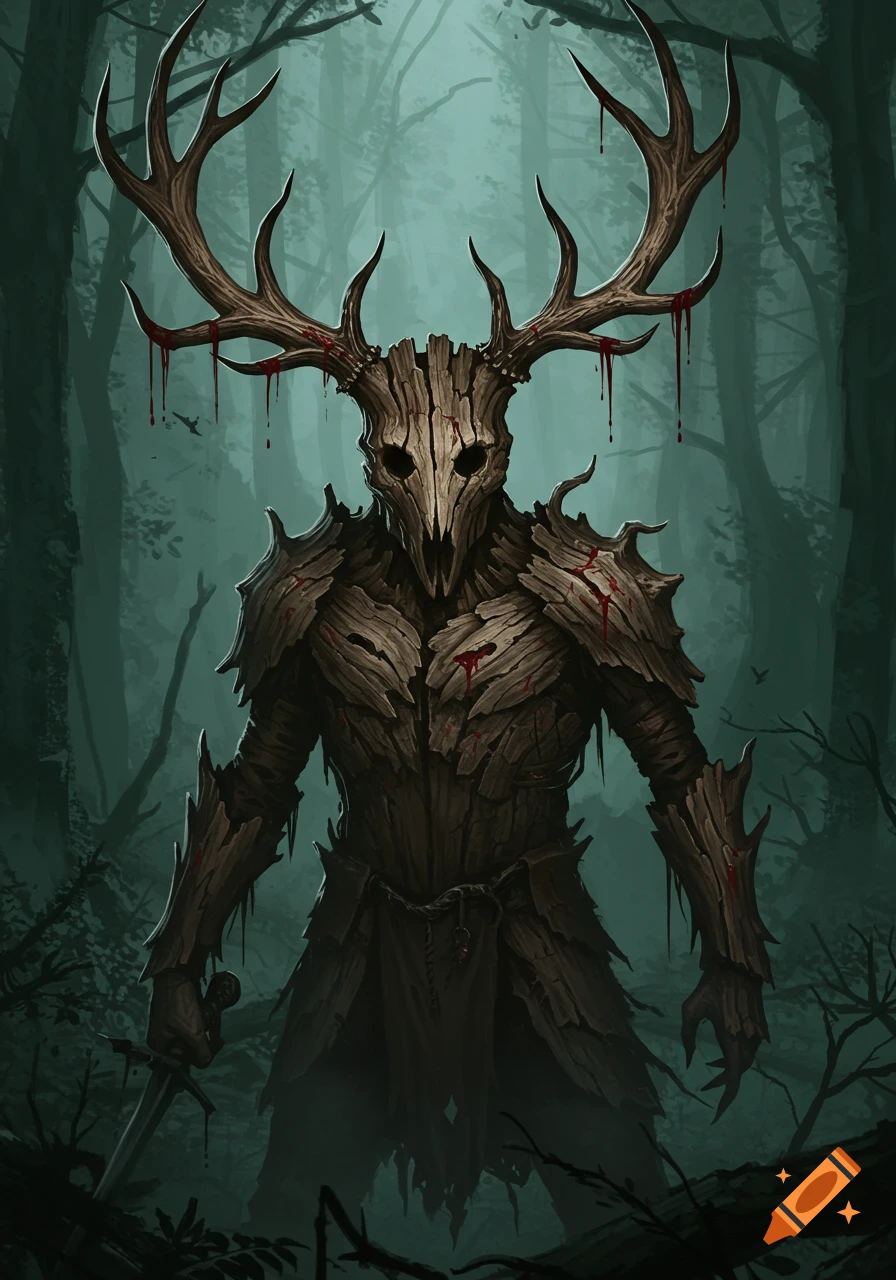 A dark fantasy creature with a bark mask and armor, large bloody antlers, holding a sword in a misty forest.