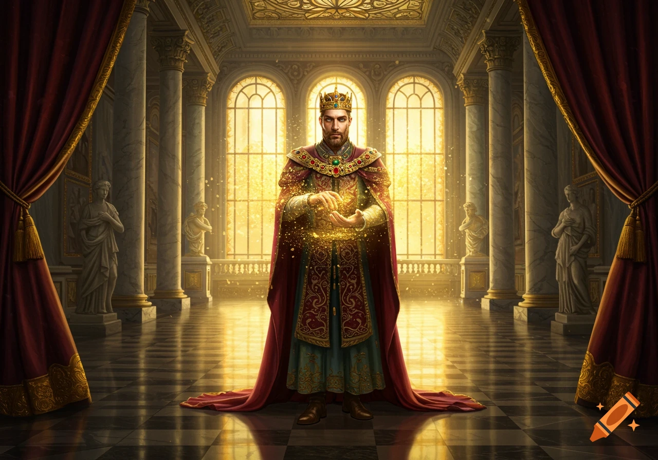A king in elaborate robes and a crown stands in a grand palace hall, holding sparkling gold dust. The scene is brightly lit.
