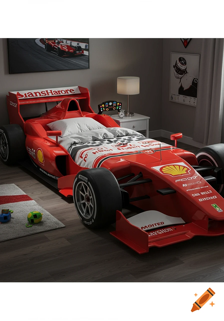 Hyper-realistic red Formula 1 racecar bed in a child's bedroom.