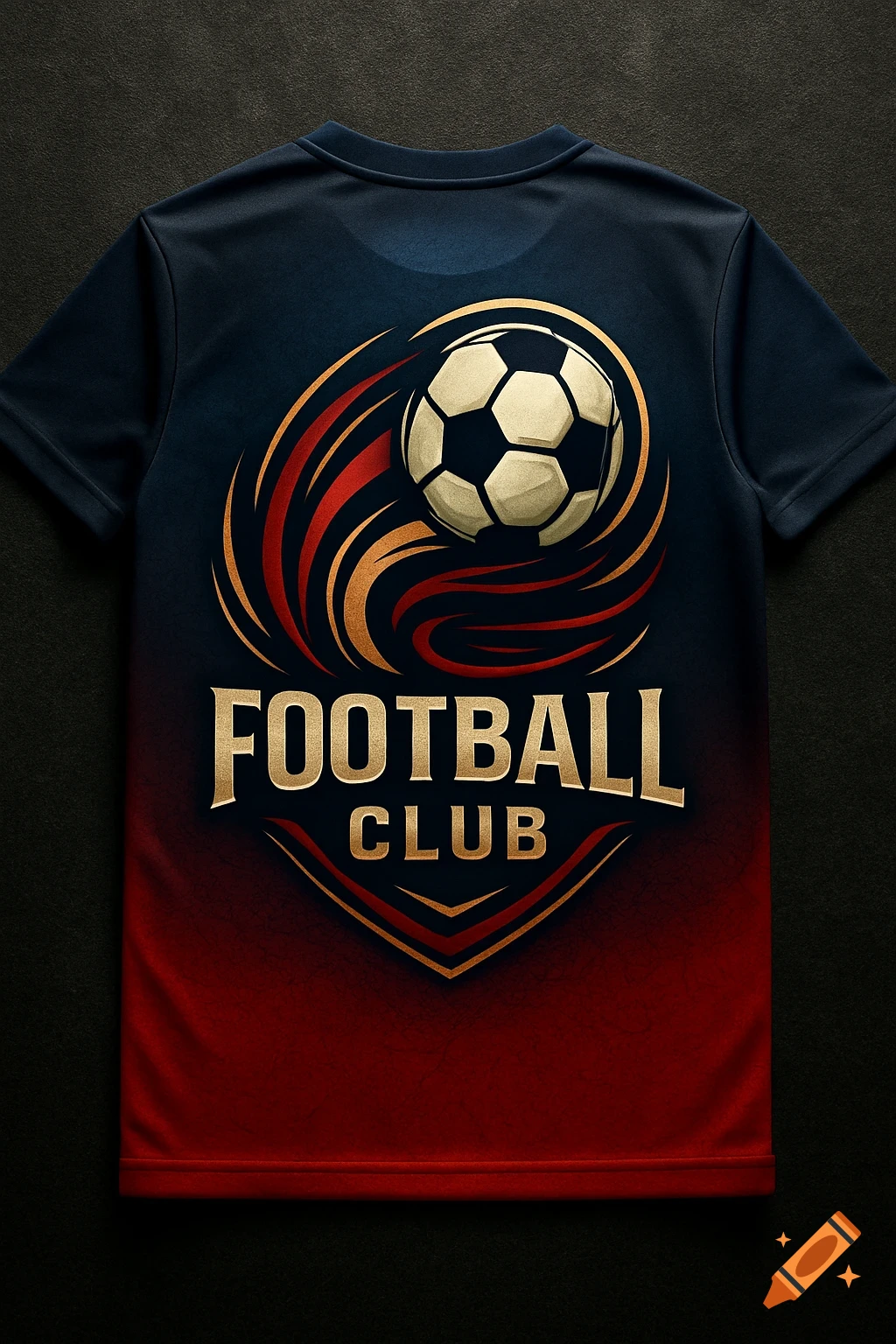Photorealistic image of the back of a dark blue and red football club t-shirt with a golden soccer ball logo and 'FOOTBALL CLUB' text.