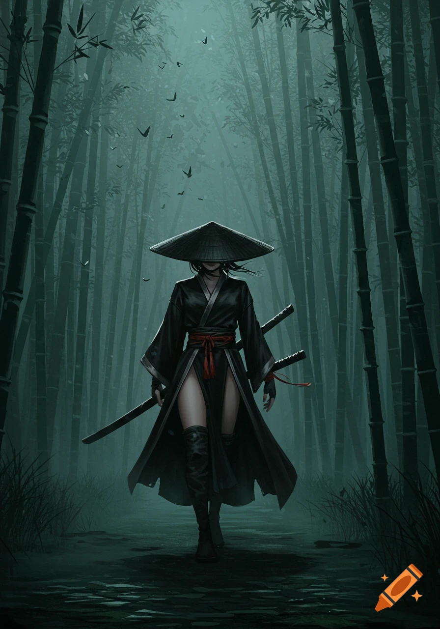 A Japanese female warrior in a wide-brimmed hat and black robes with leg slits walks through a dark, misty bamboo forest, carrying a katana.