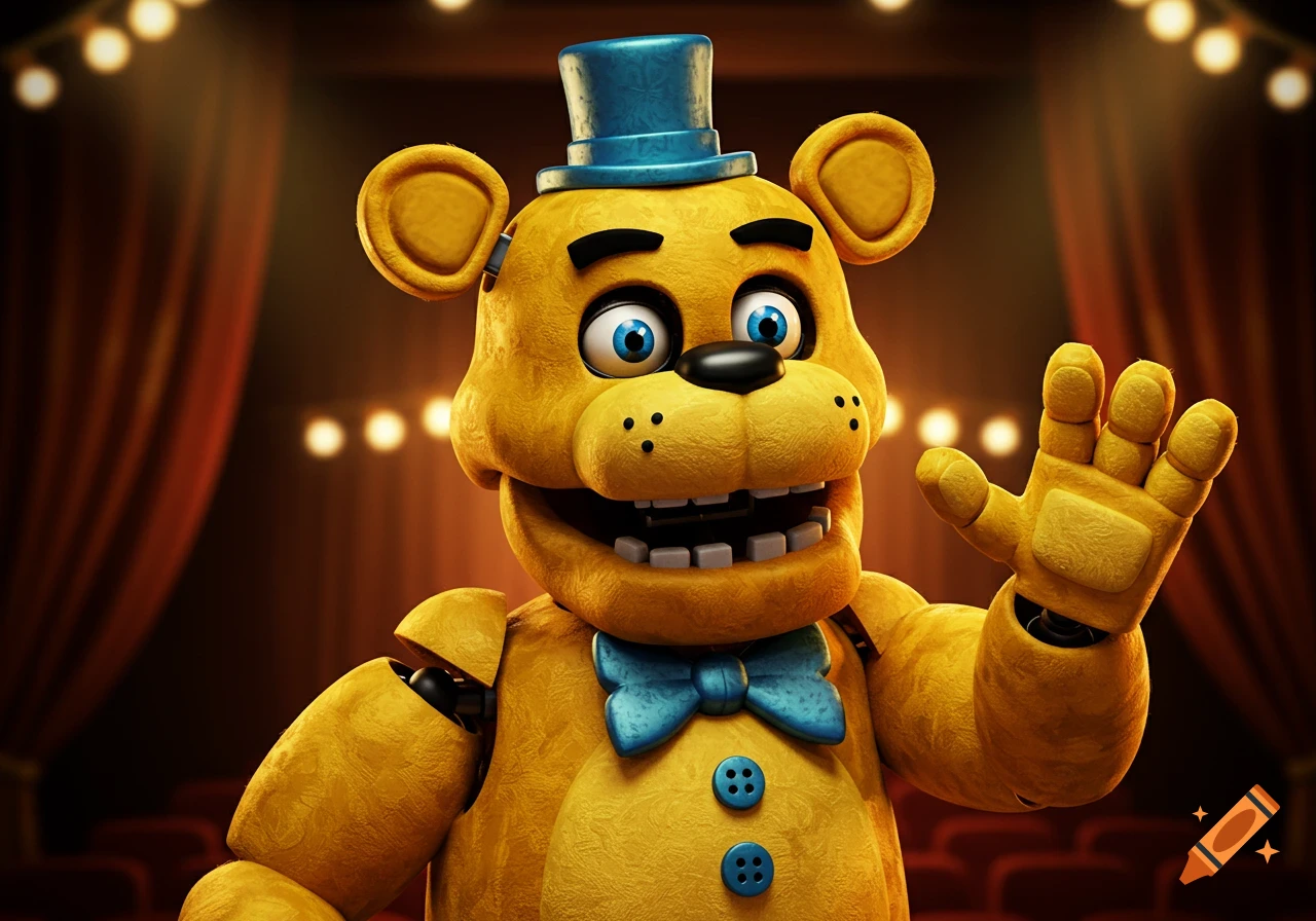 A yellow animatronic bear with a blue top hat and bowtie waves from a stage.
