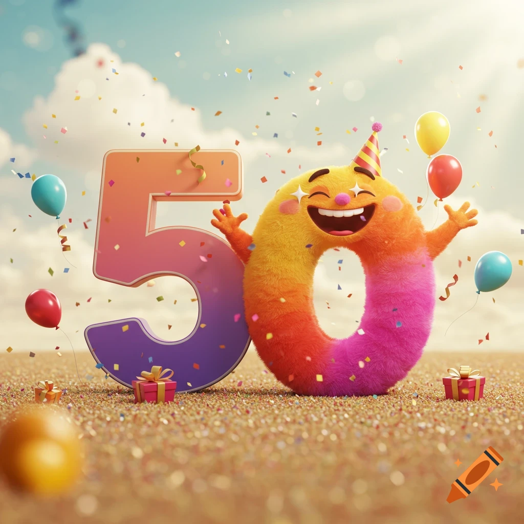 A cheerful, fuzzy, rainbow-colored cartoon character shaped like zero with a party hat stands next to a large number five, celebrating "50" with balloons and confetti.