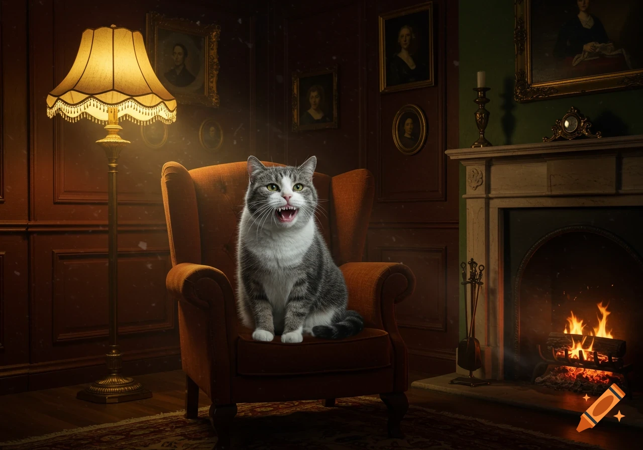 A gray and white cat with human dentures sits on an armchair in a dimly lit, classic room with a fireplace.