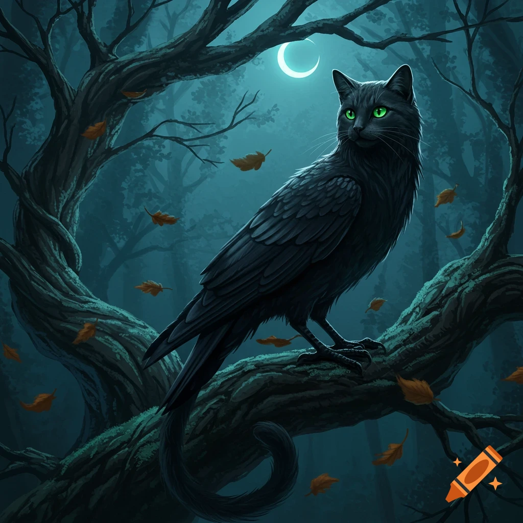 A black cat-crow hybrid with green eyes sits on a tree branch in a dark, moonlit forest with falling leaves, in an illustrative style.