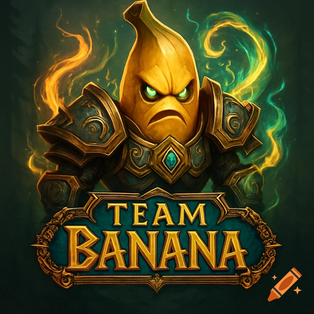 A fantasy-style logo featuring an angry banana character in ornate armor with the text 'TEAM BANANA'.