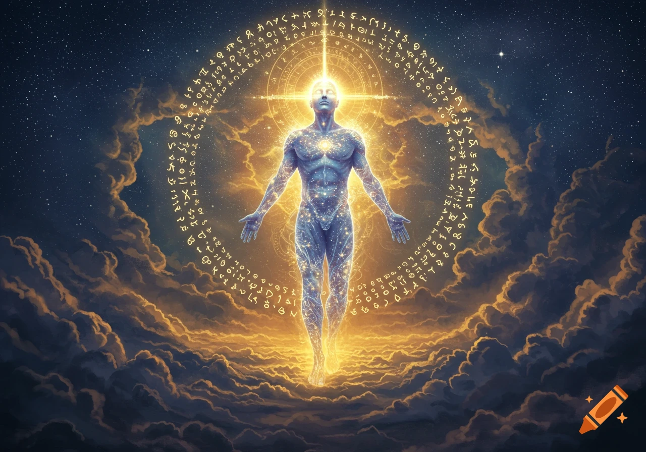 A glowing, ethereal figure ascends amidst golden clouds and stars, surrounded by ancient symbols.