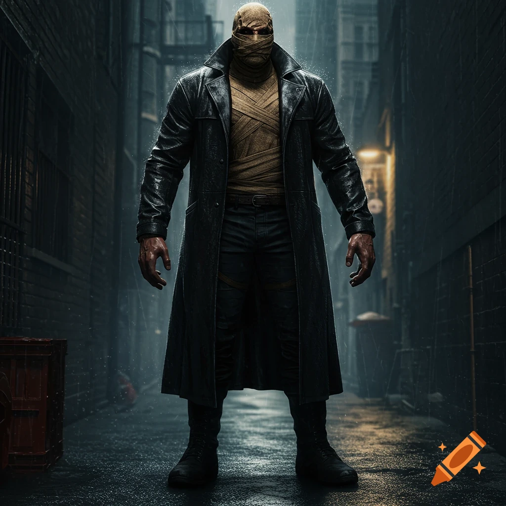 A man with a burlap mask and a black leather trench coat stands in a dark, rainy alley, in a photorealistic style.