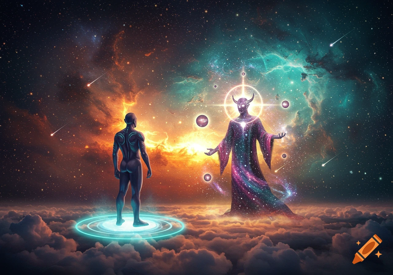 A cosmic scene with a nude human figure on a glowing platform facing a horned, robed entity amidst colorful nebulae and stars.