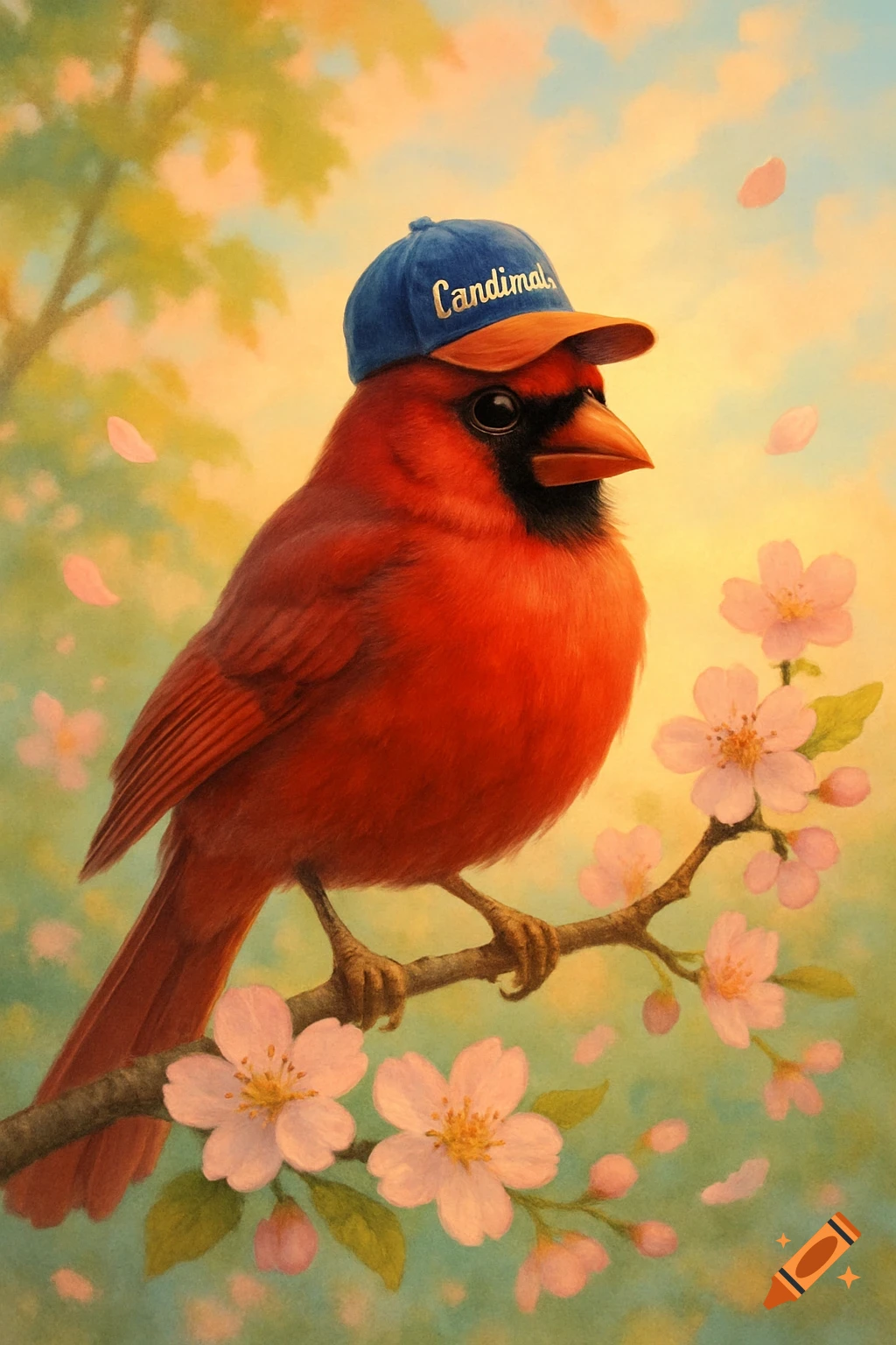 A vibrant red cardinal bird wearing a blue baseball cap with "Candimals" written on it, perches on a branch adorned with pink cherry blossoms in a painterly style.