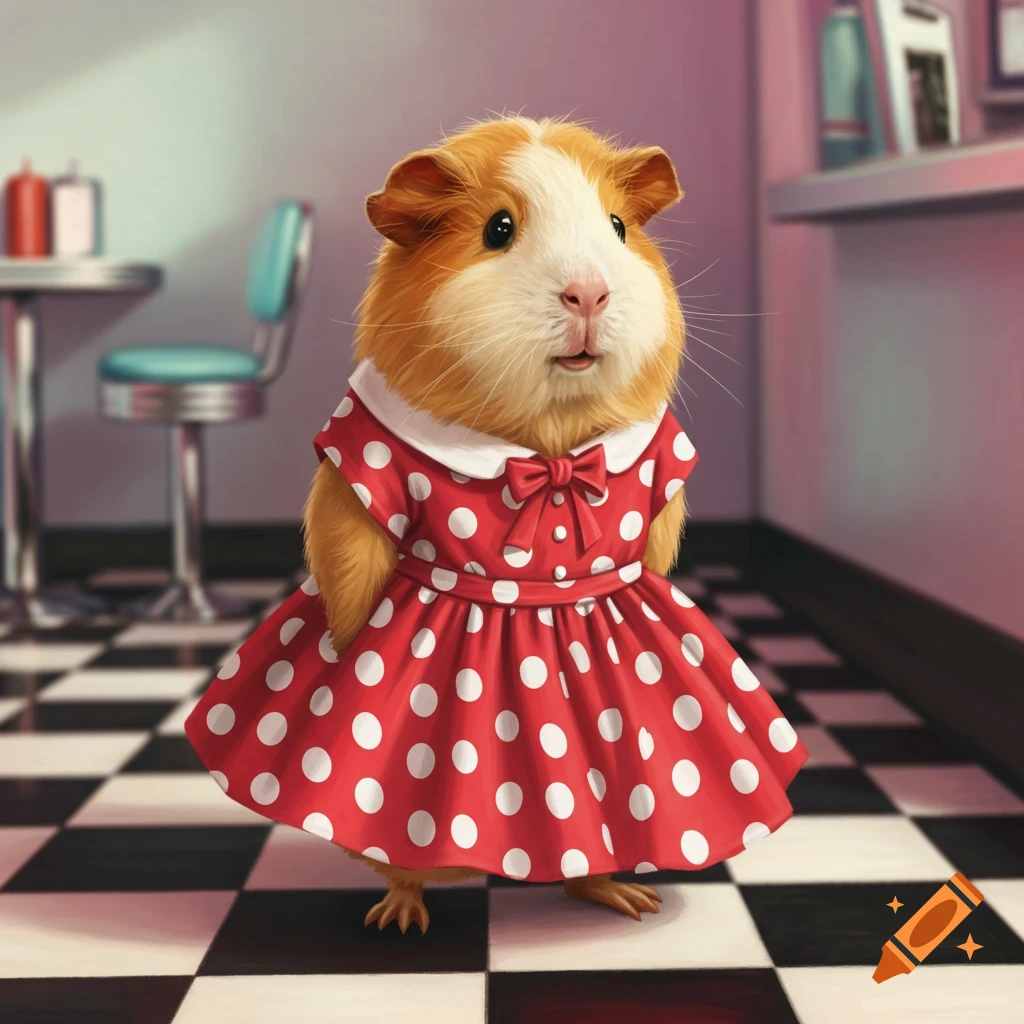 An illustrated guinea pig wearing a red polka dot dress stands on a checkerboard floor in a retro diner.