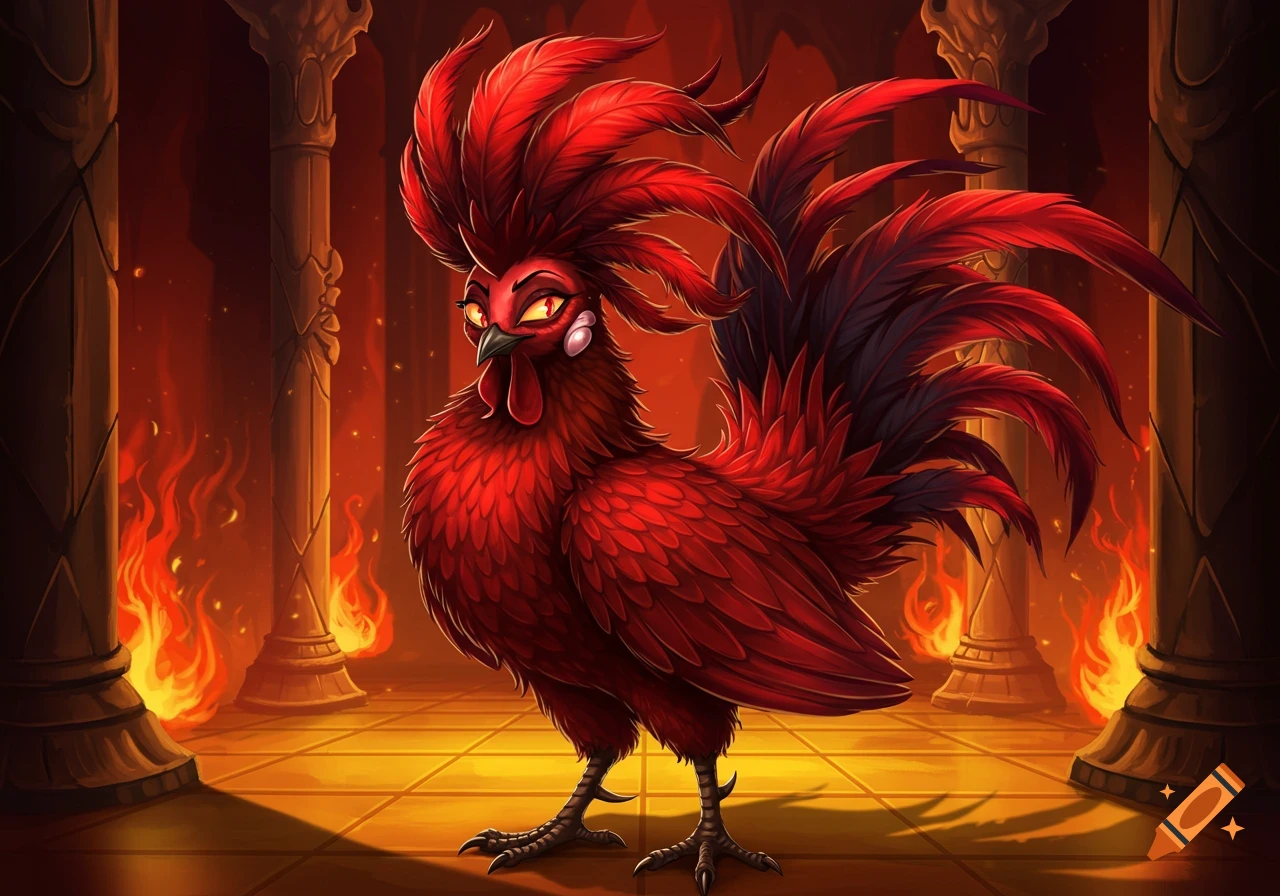 A cartoonish, stylized red rooster-like creature with large, spiky feathers and glowing yellow eyes stands in a fiery, hellish temple.