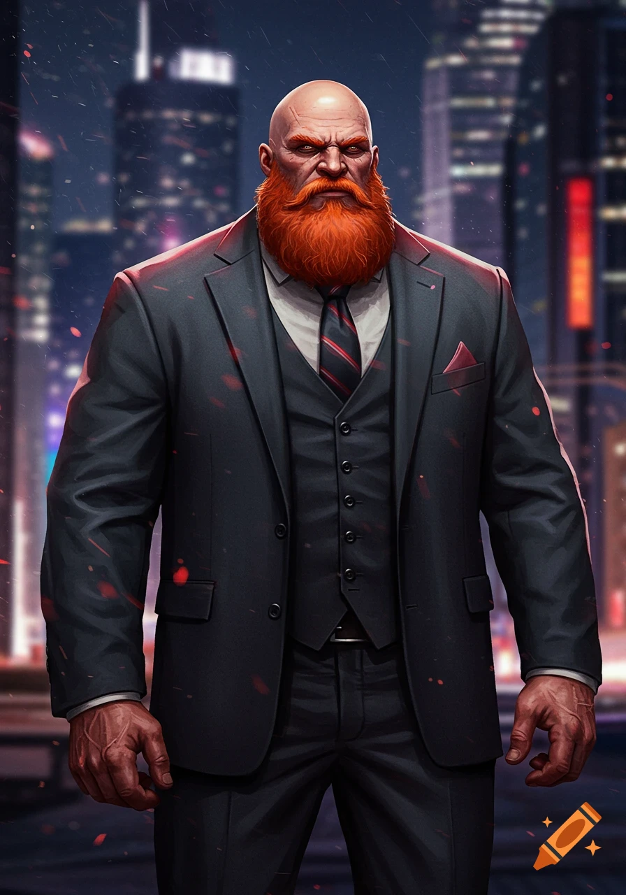 A bald, brutish man with a red beard wears a dark suit and tie, standing against a blurred cityscape at night in a comic art style.