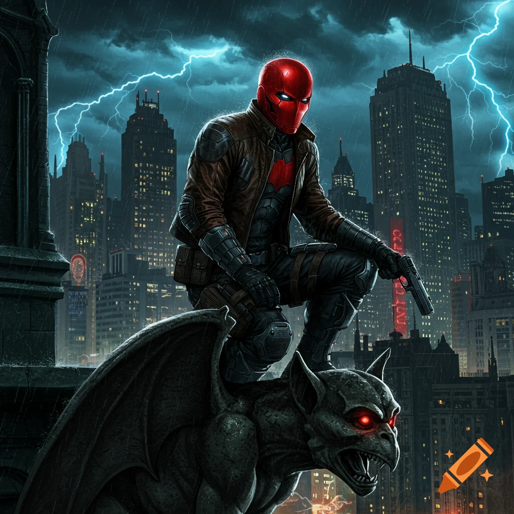 Red Hood, a superhero in a red helmet and brown jacket, crouches on a gargoyle statue overlooking a rainy, lightning-struck city at night. Comic book art style.