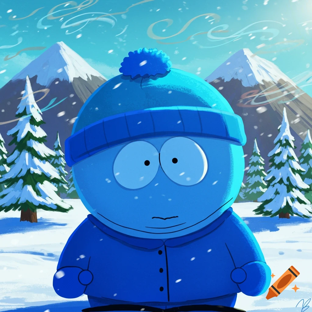 A blue cartoon character resembling Eric Cartman wears a blue winter hat and coat, standing in a snowy mountain landscape.