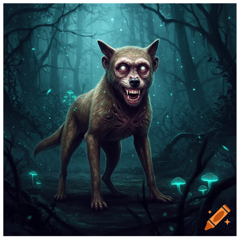 A monstrous, horrifying dog-monkey creature with glowing white eyes and sharp teeth stands in a dark, glowing blue-green fantasy forest with luminous mushrooms.