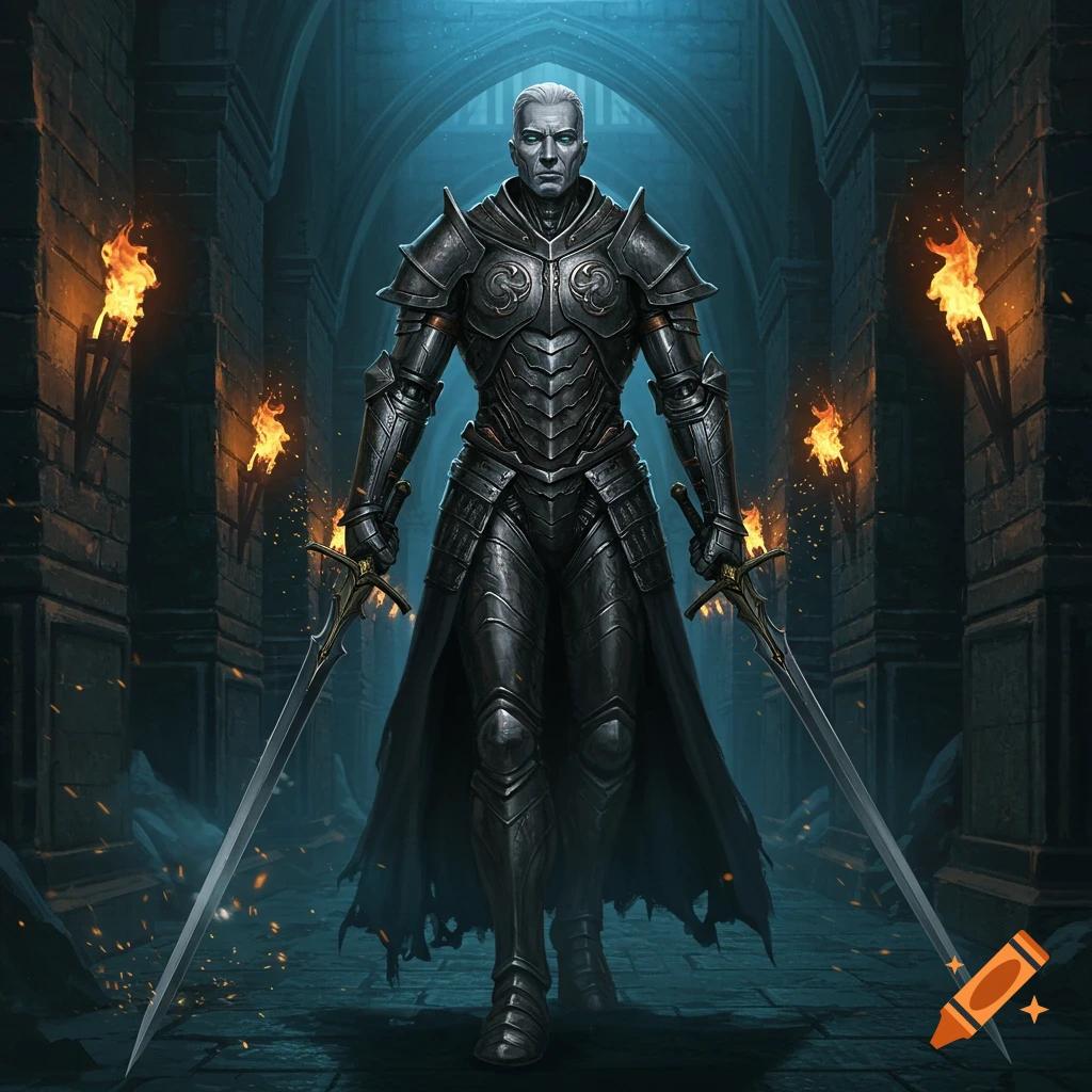 A stern-faced man in ornate black full plate armor stands in a dark, torch-lit stone hall, holding two longswords.