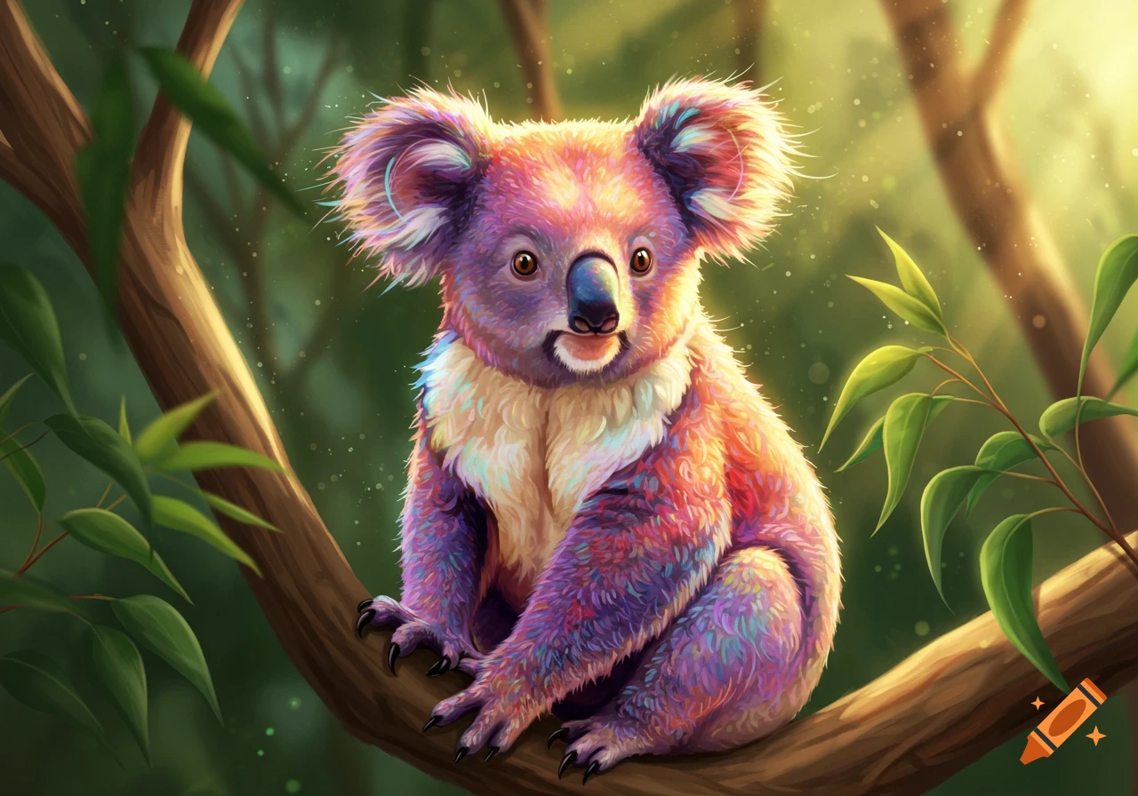 A vibrant rainbow-colored koala with soft fur sits on a tree branch in a sunlit forest, surrounded by green leaves.