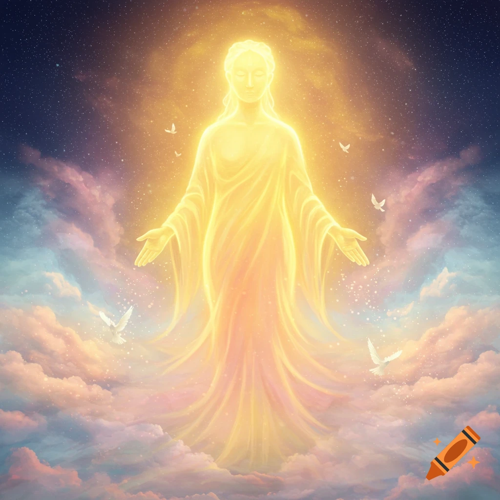 An ethereal, glowing figure with outstretched arms stands amidst luminous clouds and a starry sky, with white doves flying around.