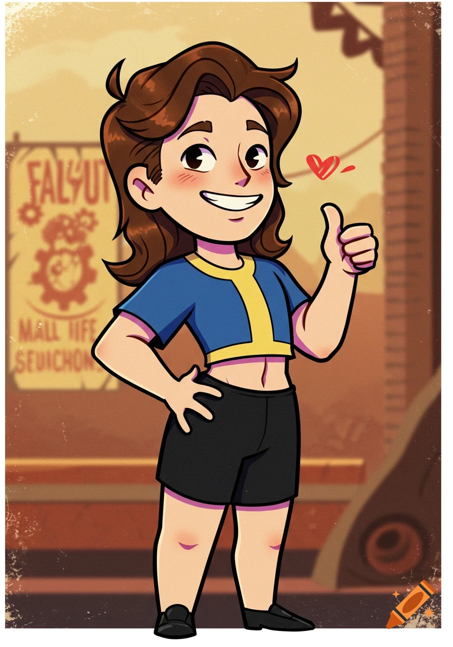 Cartoon character resembling Fallout's Vault Boy, with brown hair, blue and yellow crop top, and black shorts, smiling and giving a thumbs up.