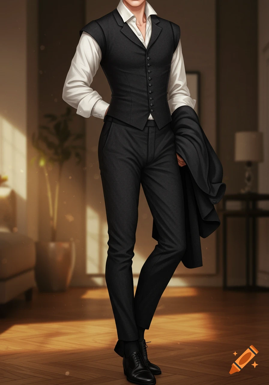 An illustrated man in a black waistcoat, white shirt, and black pants, holding a jacket, standing in a room.