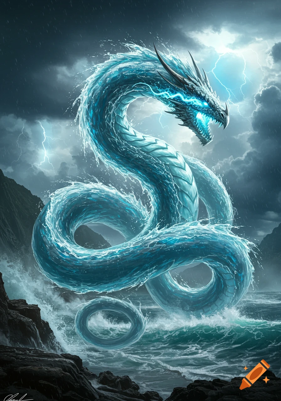 A majestic blue water dragon with glowing eyes and lightning around its head rises from a stormy ocean with crashing waves.