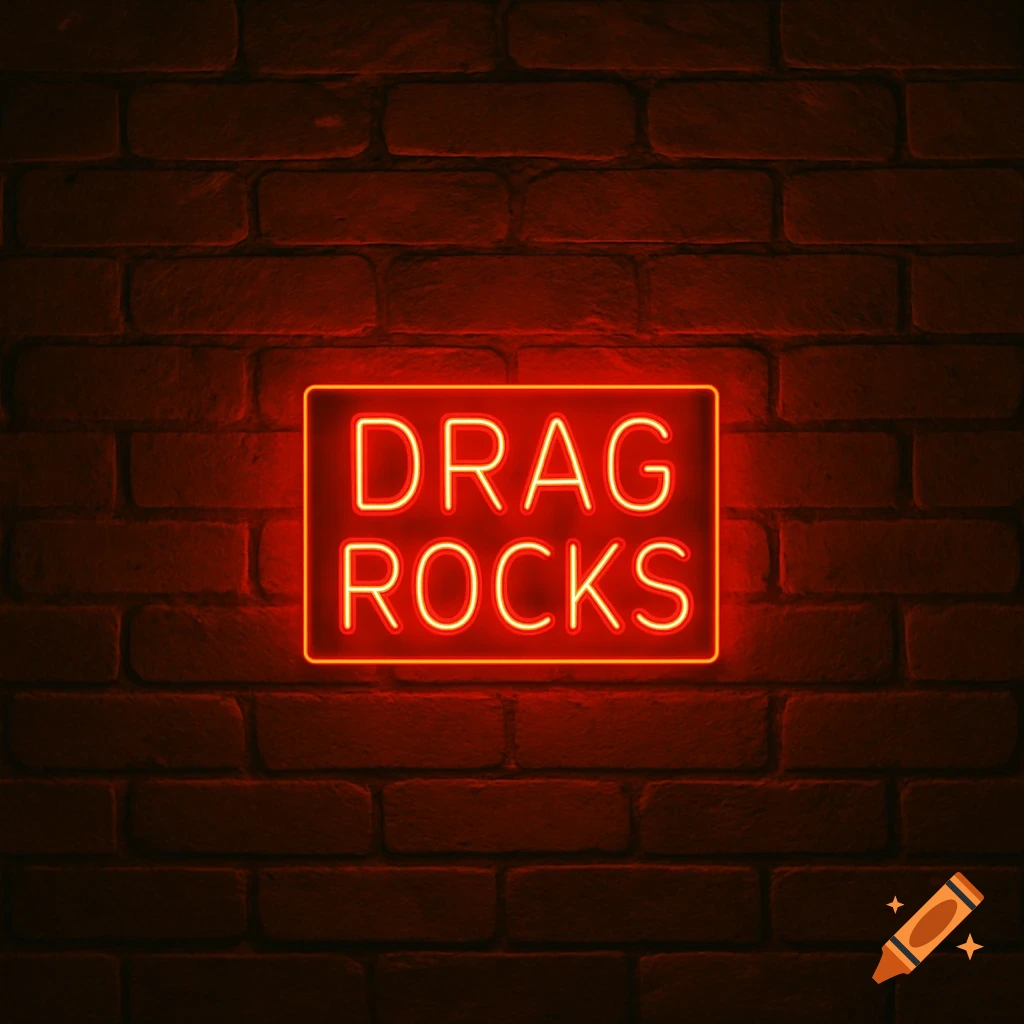 A red neon sign with the words "DRAG ROCKS" illuminated against a dark brick wall.