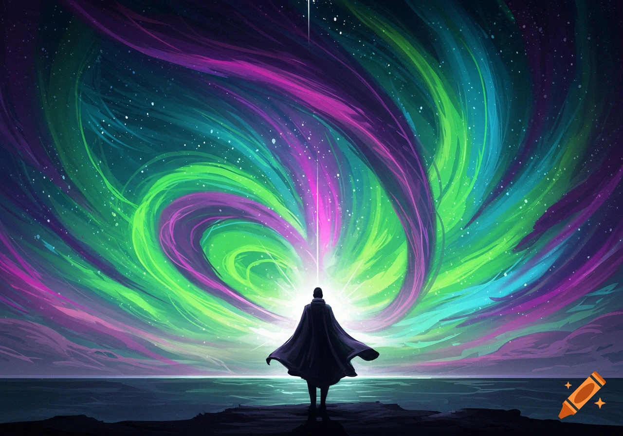 A figure in billowing robes stands on a shore, facing a vibrant sky of swirling green, purple, and blue light.