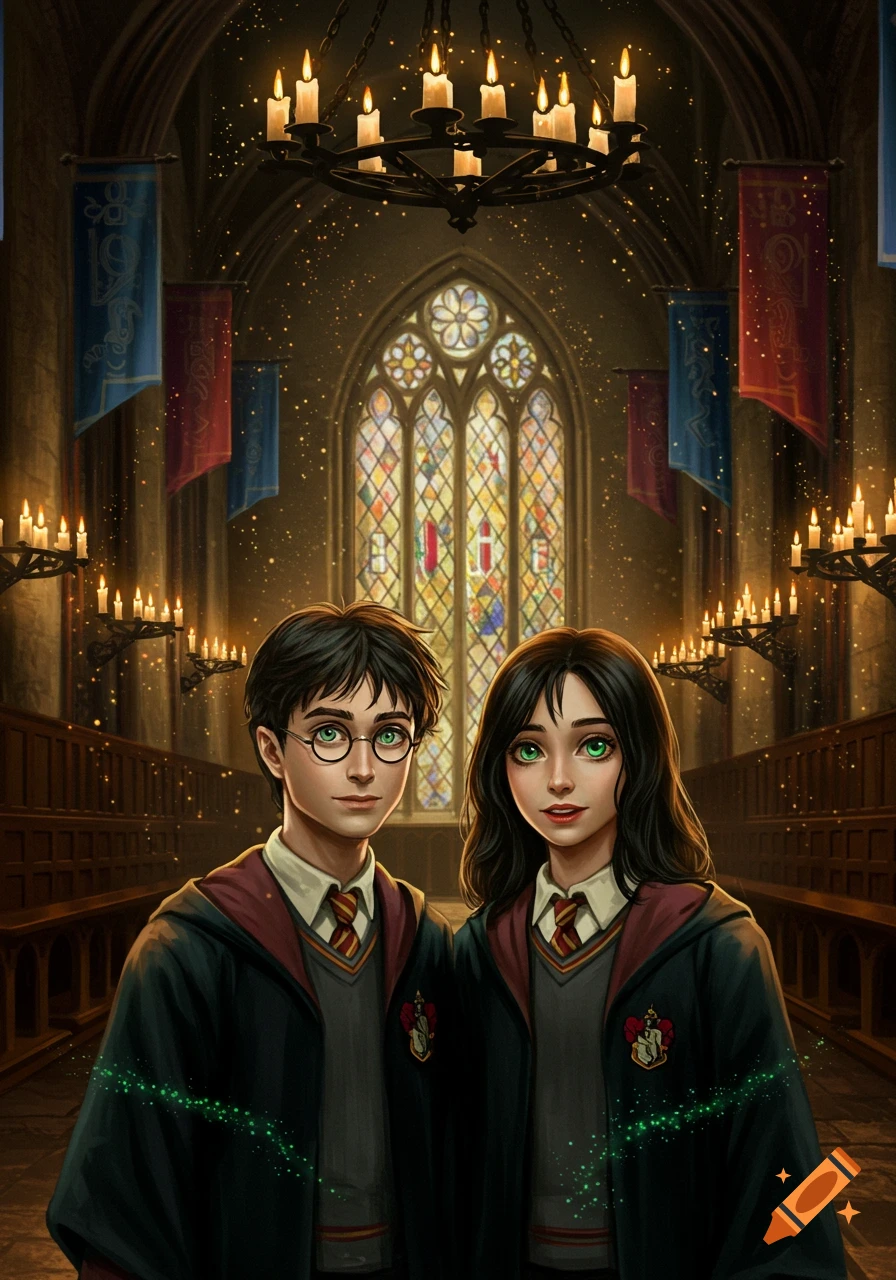 Stylized illustration of Harry Potter and his twin sister in Hogwarts Great Hall, surrounded by glowing candles and light.