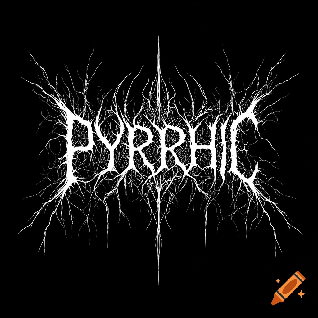 White stylized death metal logo for 'PYRRHIC' with tendrils on a black background.