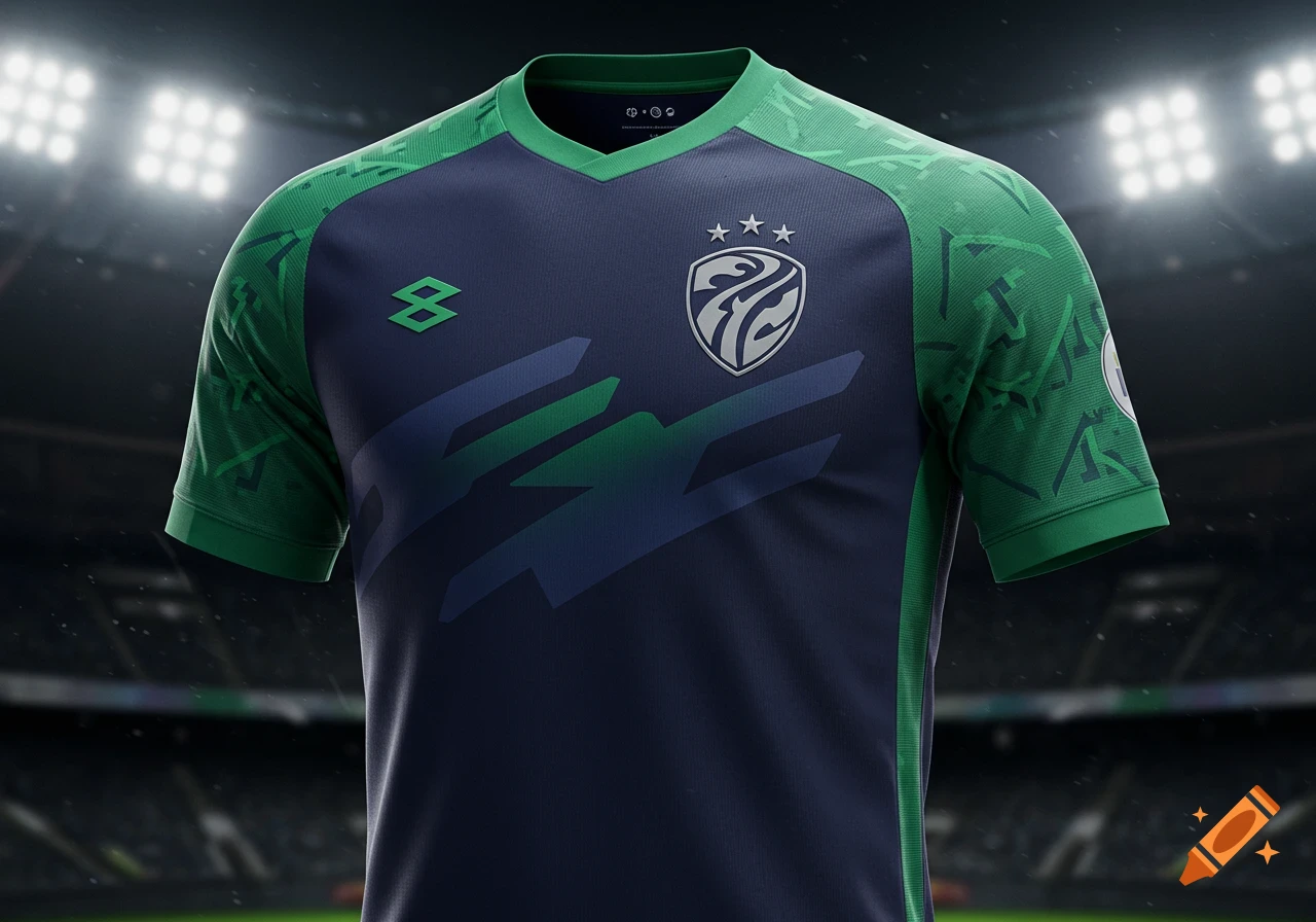 A close-up shot of a dark blue and green soccer jersey with a stylized logo and crest on the chest, against a blurred stadium background with bright lights.
