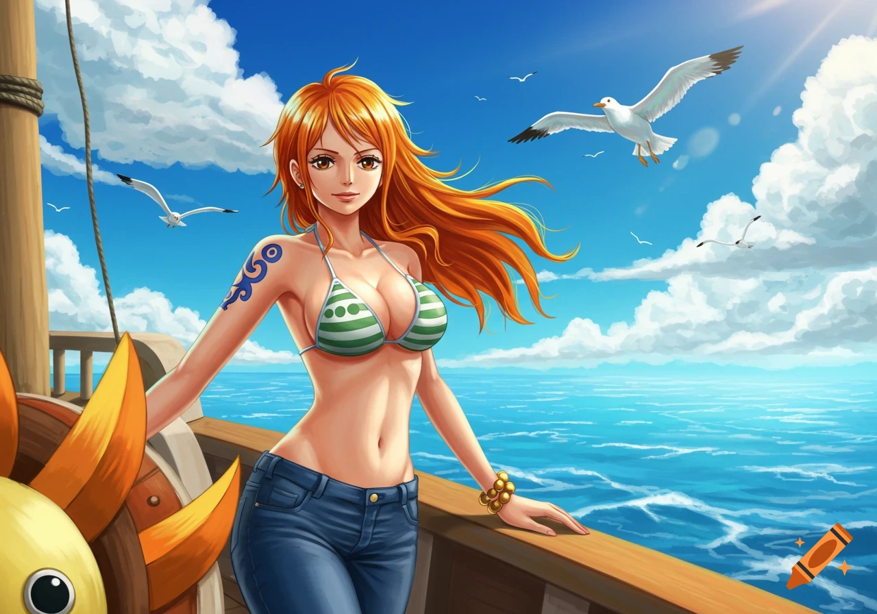 Nami from One Piece on a ship deck, wearing a striped bikini top and jeans, with seagulls flying in the sky above the ocean.