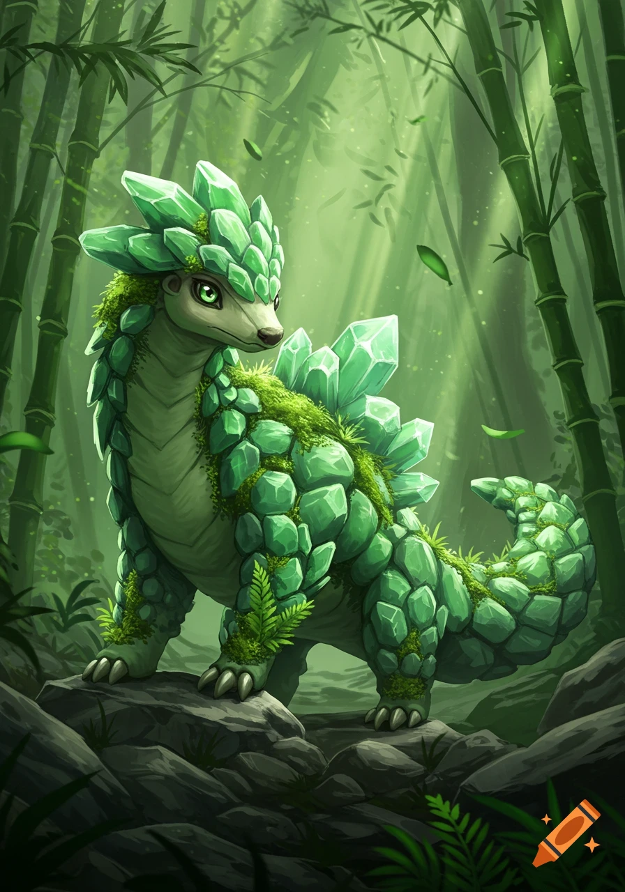 A cute green crystal and moss-covered pangolin-like creature stands on rocks in a bamboo forest, digital art style.
