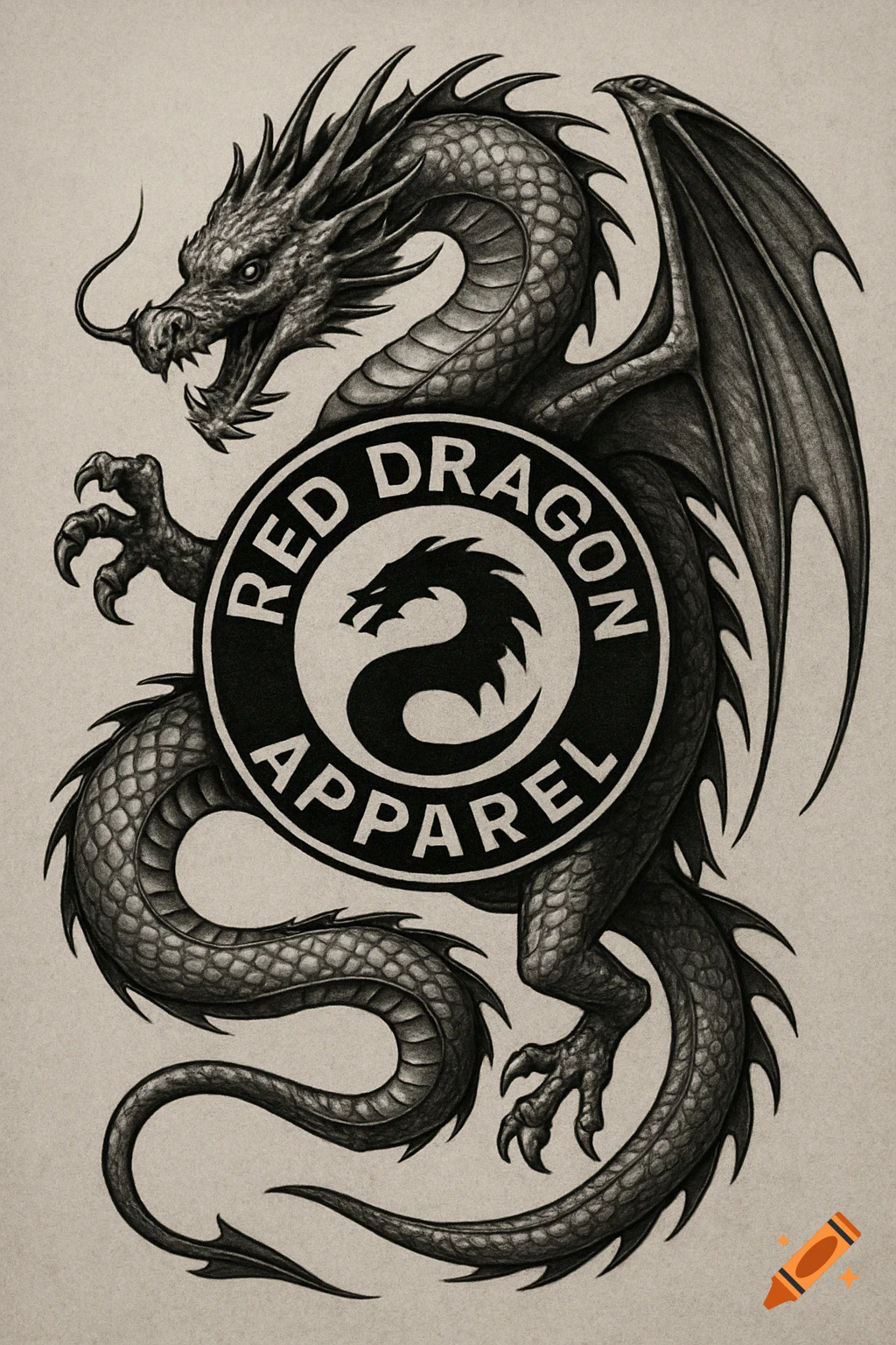 A grayscale tattoo design featuring an intricate dragon coiling around a circular logo that reads "RED DRAGON APPAREL".