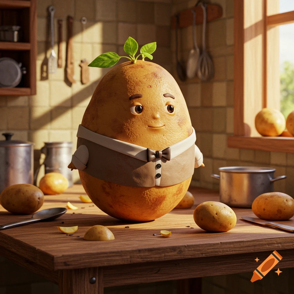 A cartoonish anthropomorphic potato wearing a vest and bow tie stands on a wooden kitchen table with other potatoes.