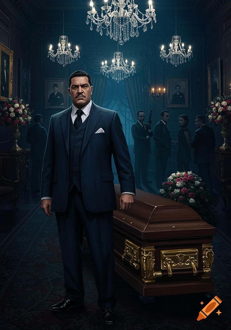 A stern man in a dark suit stands next to a coffin in a dimly lit, ornate room with chandeliers, implying a mafia funeral.