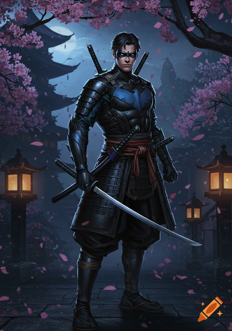 Nightwing in black samurai armor with a blue bat symbol, holding a katana in a moonlit Japanese temple courtyard with cherry blossoms.